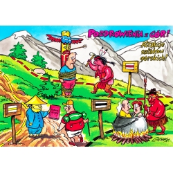 Pocztówka humorystyczna - Pozdrowienia z gór - Atrakcje szlaków górskich
